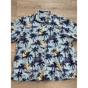 Tommy Bahama Silk Poly Shirt Mens Sz 2XLB Blue Palm Tree AOP Hawaiian Button Up